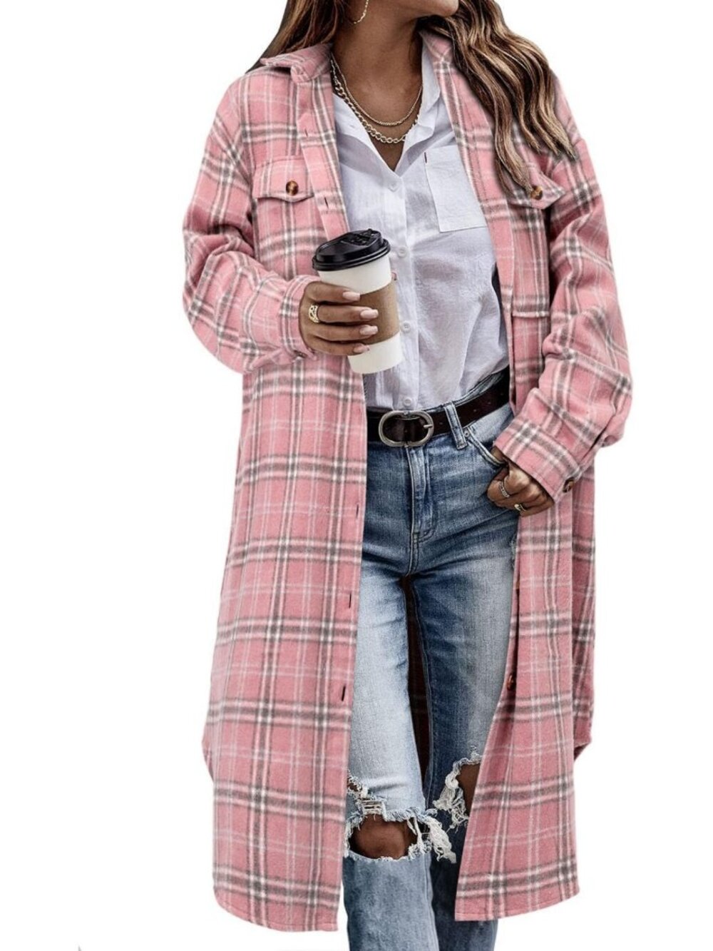 Stylish Women's Plaid Shacket | Long Flannel Shirt Jacket | Cozy Corduroy Coat